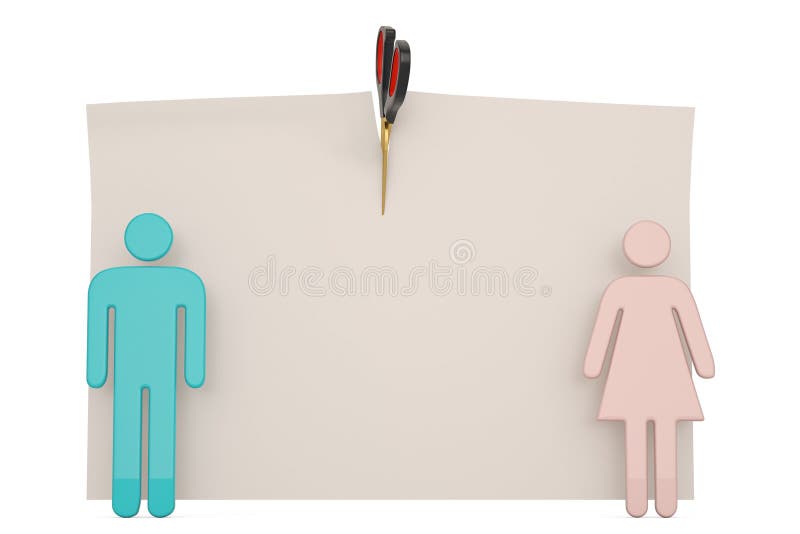 Simbolo dell'uomo e della donna di concetto di divorzio isolato su fondo bianco illustrazione 3D