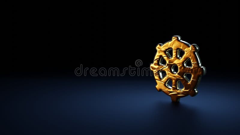 Simbolo della rappresentazione 3d del dharmachakra avvolto nella pellicola d'oro su fondo blu scuro illustrazione vettoriale
