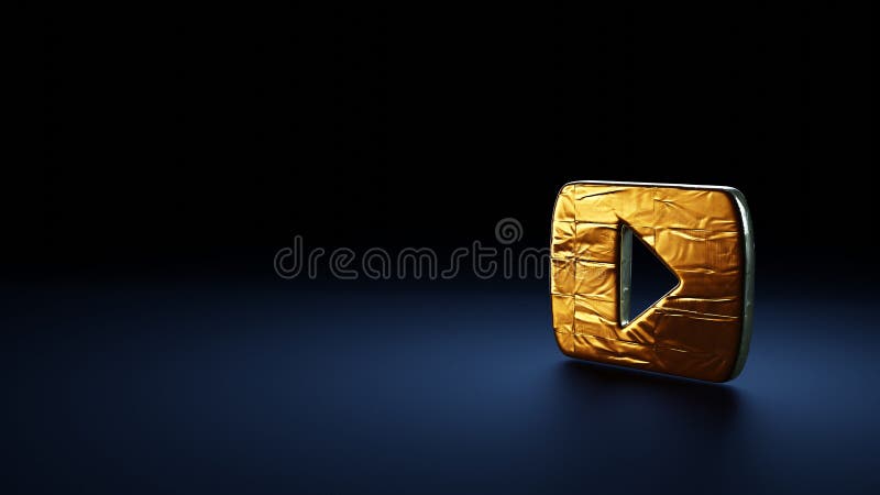 Simbolo della rappresentazione 3d del logo di youtube avvolto nella pellicola d'oro su fondo blu scuro illustrazione vettoriale
