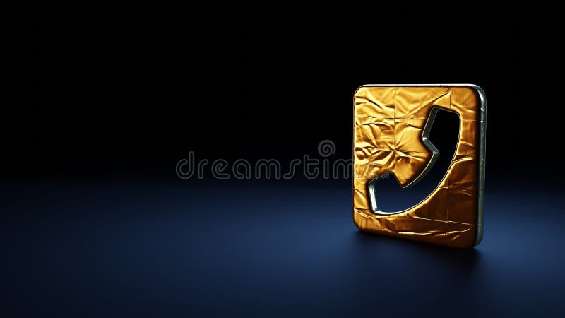 Simbolo della rappresentazione 3d del quadrato del telefono avvolto nella pellicola d'oro su fondo blu scuro illustrazione di stock