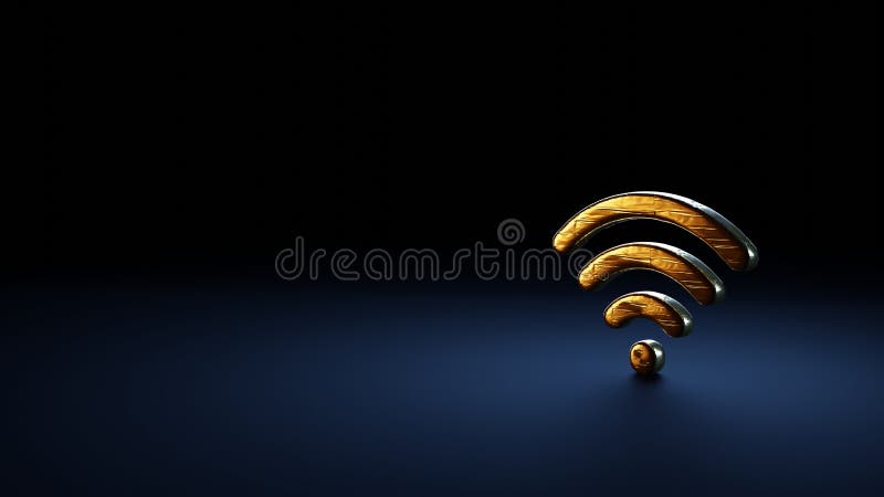Simbolo della rappresentazione 3d del wifi 1 avvolto nella pellicola d'oro su fondo blu scuro illustrazione di stock