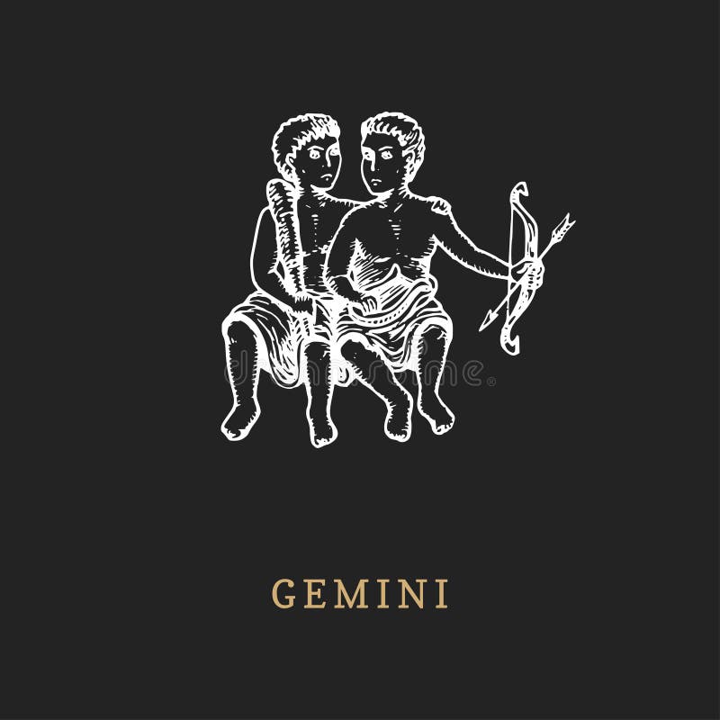 Simbolo dello zodiaco dei Gemelli, disegnato a mano nell'incisione dello stile Illustrazione del grafico di vettore retro dei gem illustrazione vettoriale