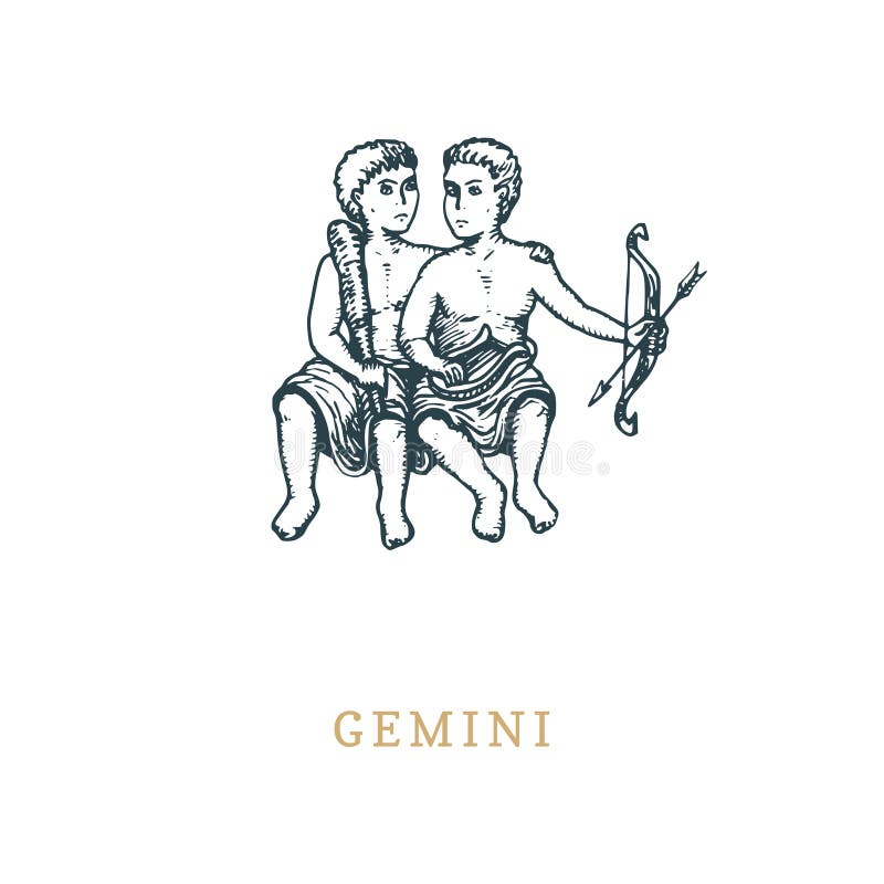 Simbolo dello zodiaco dei Gemelli, disegnato a mano nell'incisione dello stile Illustrazione del grafico di vettore retro dei gem illustrazione di stock