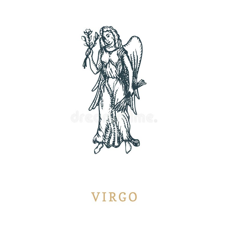 Simbolo dello zodiaco del Vergine, disegnato a mano nell'incisione dello stile Illustrazione del grafico di vettore retro della r illustrazione vettoriale