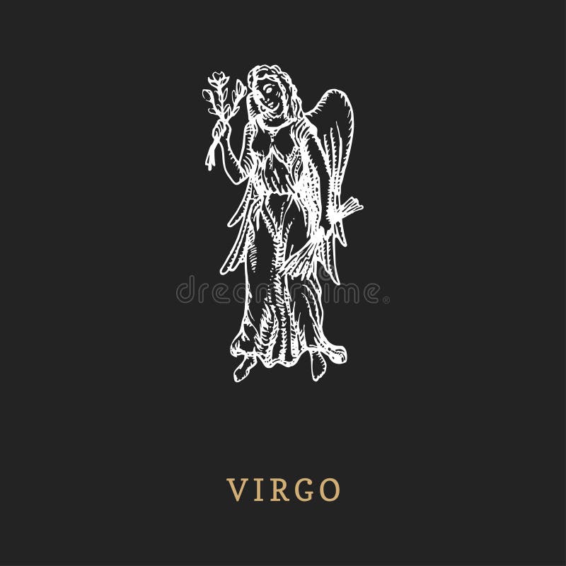 Simbolo dello zodiaco del Vergine, disegnato a mano nell'incisione dello stile Illustrazione del grafico di vettore retro della r illustrazione di stock