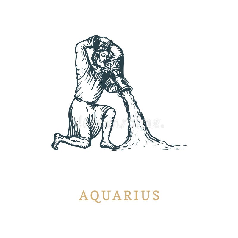 Simbolo dello zodiaco di acquario, disegnato a mano nell'incisione dello stile Illustrazione del grafico di vettore retro dell'ac illustrazione vettoriale