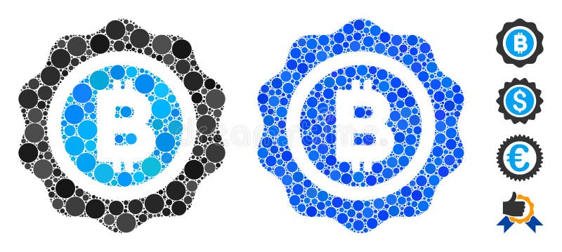 Simbolo di composizione. Mosaico di sigillo di bitume di punti arrotondati in dimensioni variabili e tonalità di colore, basato sull'icona di sigillo di Bitcoin I punti rotondi vettoriali sono uniti in collage blu Icona Sigillo Bitcoin punteggiata nelle versioni normali e blu