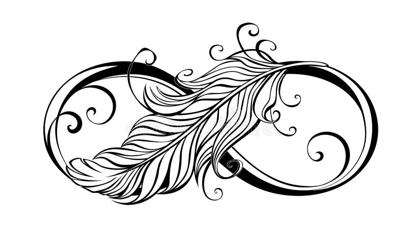 Simbolo di infinito con la piuma su fondo bianco