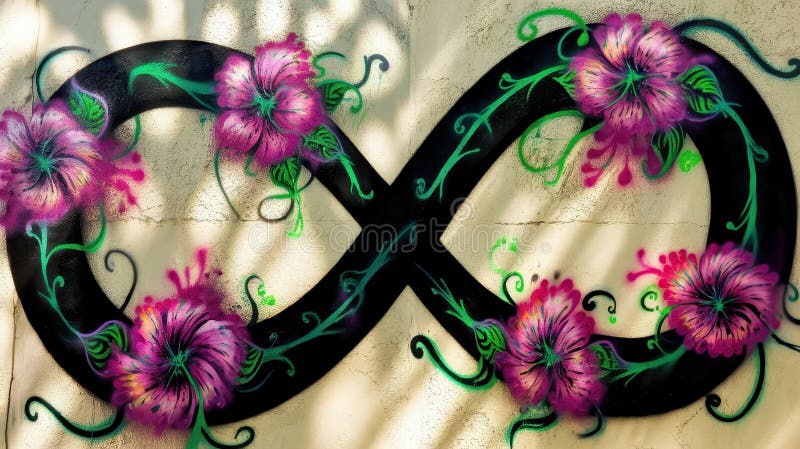 Simbolo di infinità colorata ornato da fiori vibranti e viti verdi. illustrazione di stock