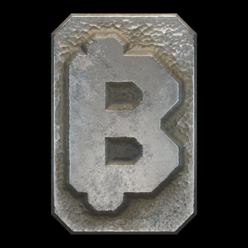 Simbolo di metallo industriale bitcoin sullo sfondo nero 3d illustrazione di stock