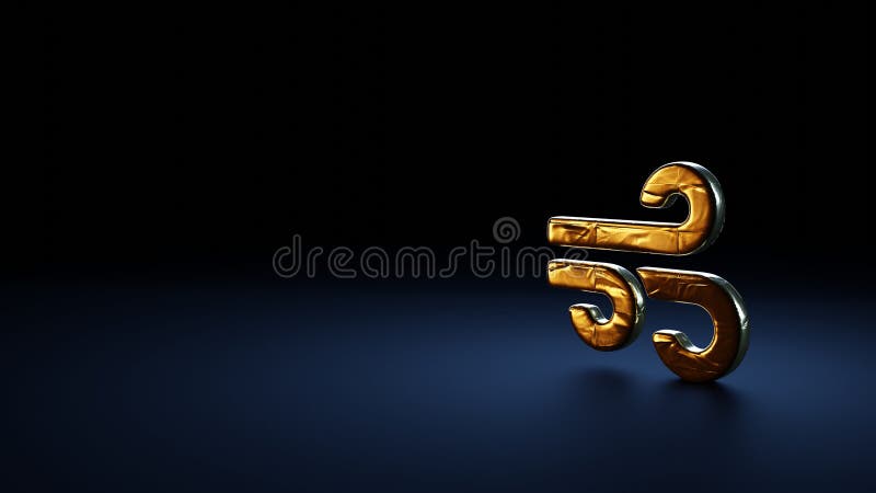 Simbolo di rendering 3d del vento avvolto in fogli d'oro su sfondo blu scuro illustrazione di stock