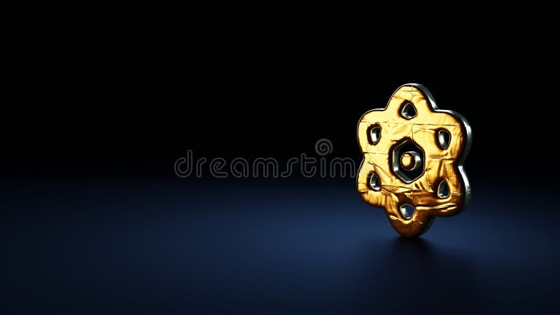 Simbolo di rendering 3d dell'atomo avvolto in fogli d'oro su sfondo blu scuro illustrazione di stock