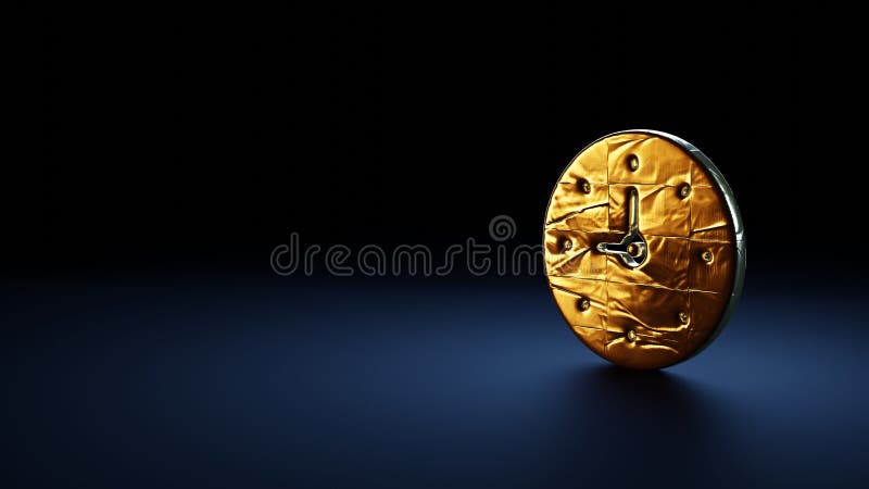 Simbolo di rendering 3d dell'orologio avvolto nella pellicola d'oro su fondo blu scuro illustrazione vettoriale