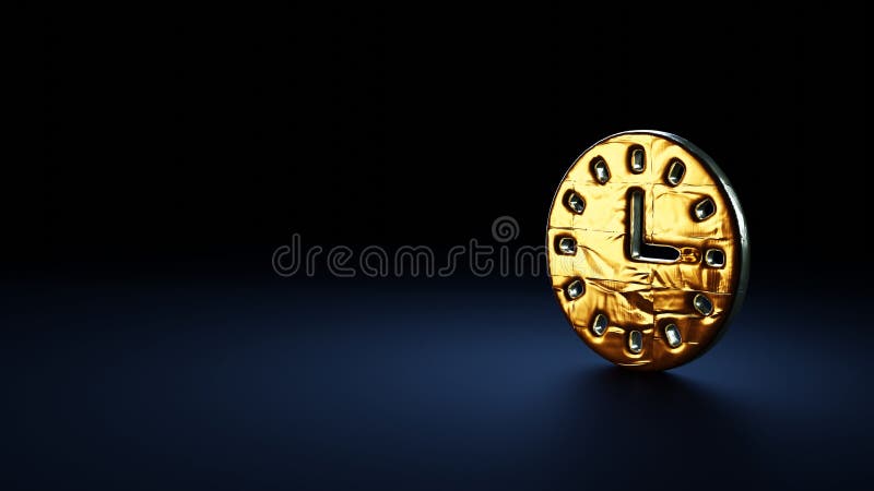 Simbolo di rendering 3d dell'orologio a muro avvolto nella pellicola d'oro su fondo blu scuro illustrazione vettoriale