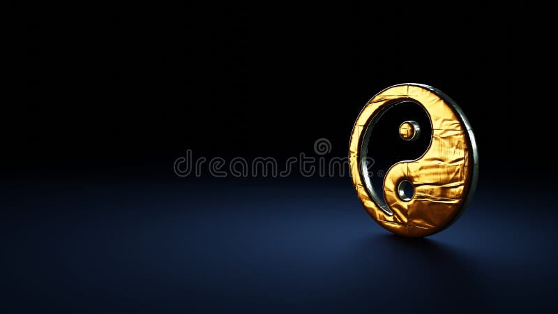 Simbolo di rendering 3d dell'yin yang avvolto nella pellicola d'oro su fondo blu scuro illustrazione vettoriale