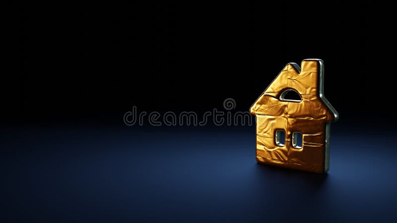 Simbolo di rendering 3d della casa avvolta in fogli d'oro su sfondo blu scuro illustrazione di stock