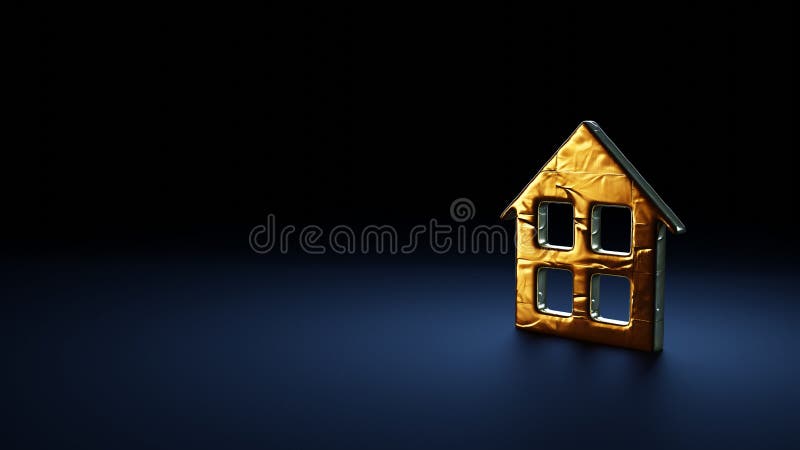 Simbolo di rendering 3d della casa avvolto nella pellicola d'oro su fondo blu scuro royalty illustrazione gratis