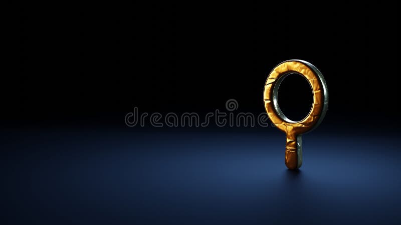 Simbolo di rendering 3d della ricerca avvolto nella pellicola d'oro su fondo blu scuro royalty illustrazione gratis