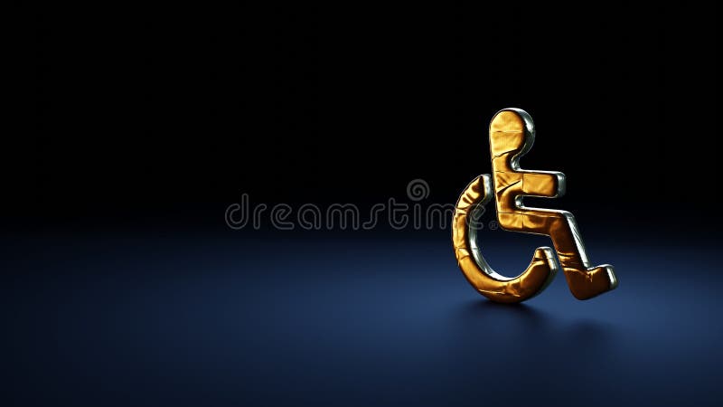 Simbolo di rendering 3d della sedia a rotelle avvolta in fogli d'oro su sfondo blu scuro illustrazione di stock