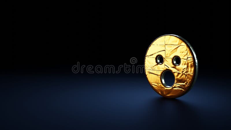 Simbolo di rendering 3d sorpresa avvolto nella pellicola d'oro su fondo blu scuro illustrazione di stock