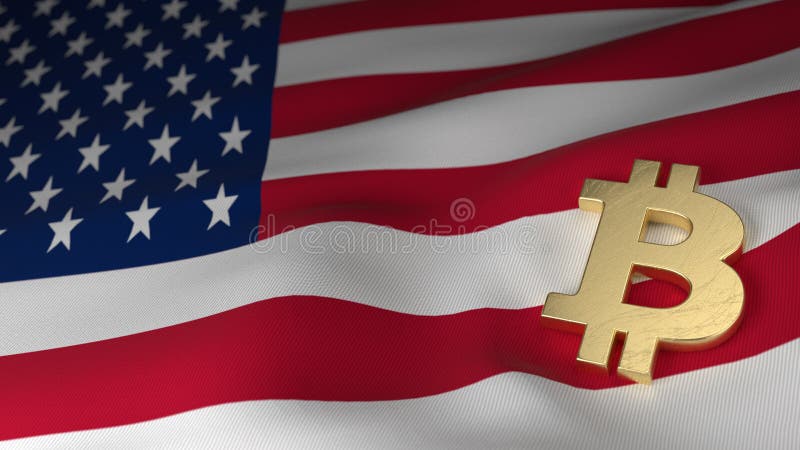 Simbolo di valuta di Bitcoin sulla bandiera degli Stati Uniti d'America immagini stock Simbolo di valuta di Bitcoin sulla bandiera degli Stati Uniti d'America immagini stock