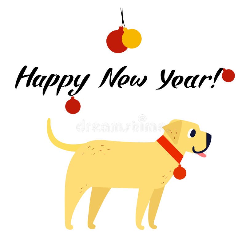 Simbolo divertente del cane giallo dell'anno 2018 Stile piano, illustrazione isolata su un fondo bianco Iscrizione dell'buon anno illustrazione di stock Simbolo divertente del cane giallo dell'anno 2018 Stile piano, illustrazione isolata su un fondo bianco Iscrizione dell'buon anno illustrazione di stock