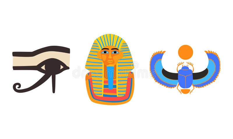 Simboluri celebre din Egiptul antic tutankhamen faraon masca ochi de horus scarab cartoon vector ilustrare stock illustration