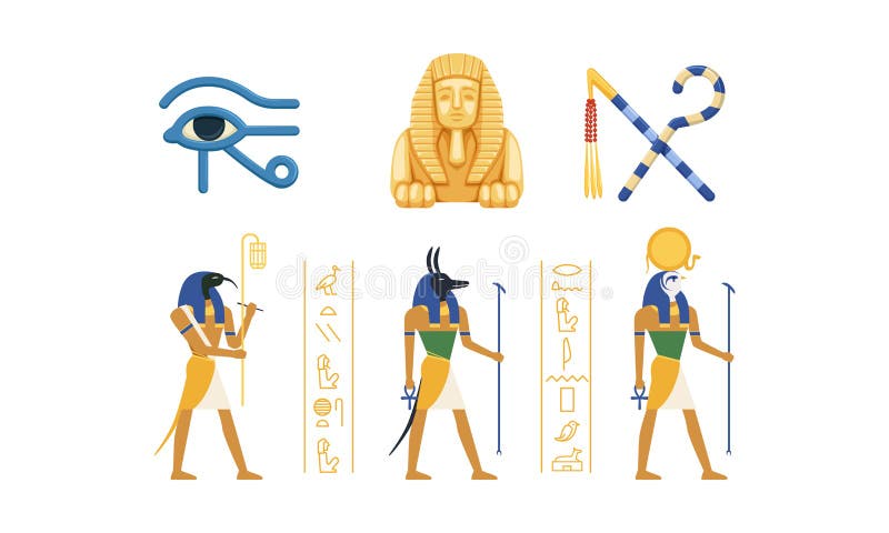 Simboluri culturale și istorice tradiționale din Egipt colecționează zeități egiptene antice ochi de statuie sfinx horus sphinx vector illustration