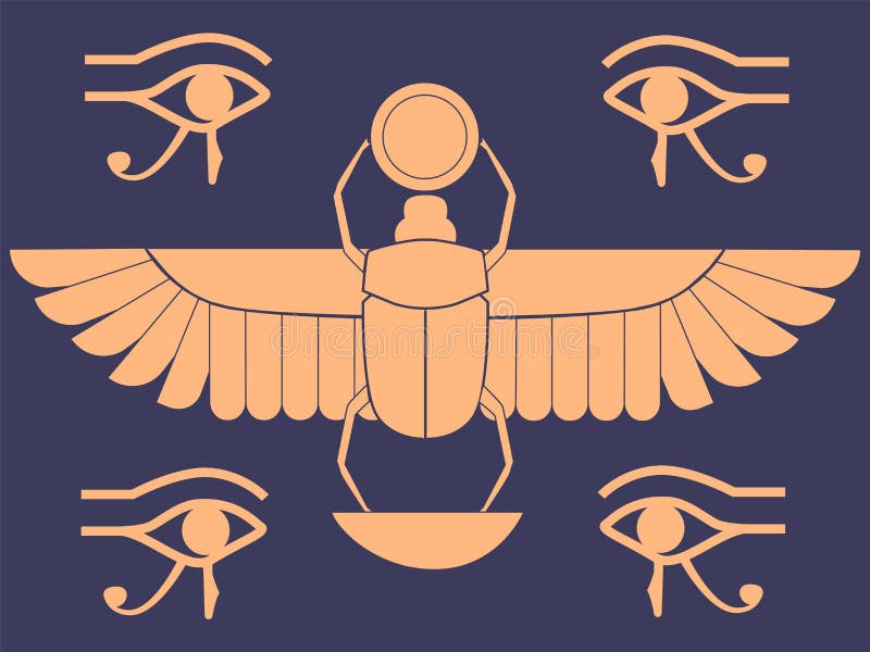 Simboluri egiptene. scarabeu. ochi de cal. semne mistice. animal sacru. mitologia egipteană și religia. insectă cu aripi vector illustration