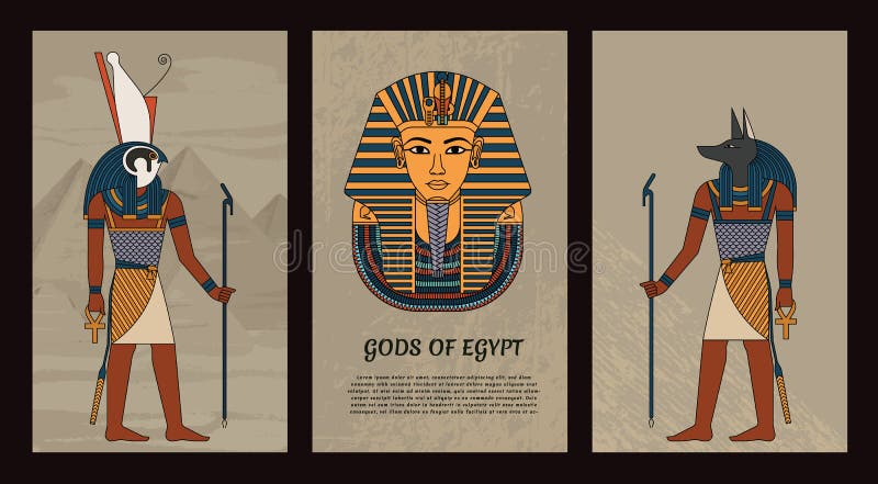 Simboluri vectoriale ilustrate ale zeilor egipteni antici anubis și horus și masca faraon tutankhamon. colorat royalty free illustration