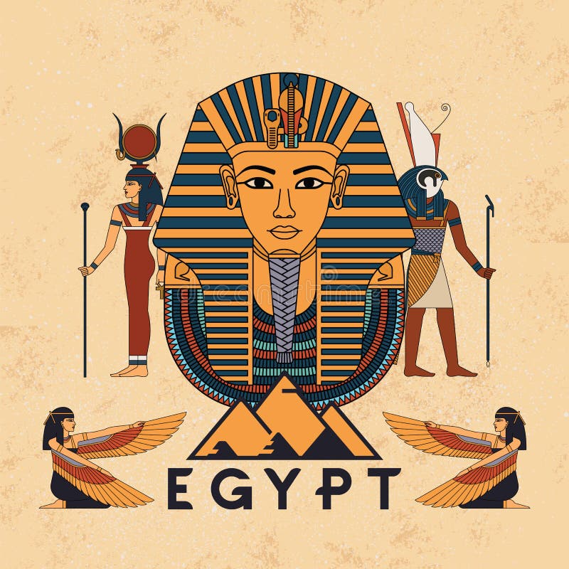 Simboluri vectoriale ilustrate ale zeilor egipteni înaripați egipteni antici anubis și horus și faraon tutankhamon și stock illustration