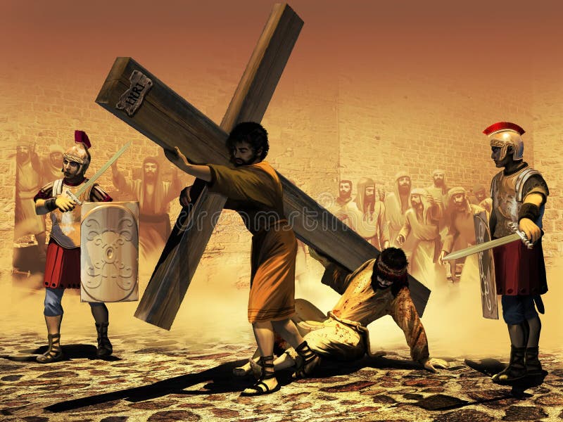 Simone di Cirene porta la croce di Gesù Cristo, debole e stanco sul marciapiede di Gerusalemme, mentre i farisei lo insulta.