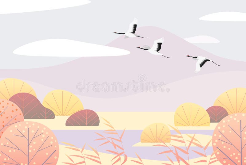 Simple Autumn Lanscape with Flying Japanese Cranes