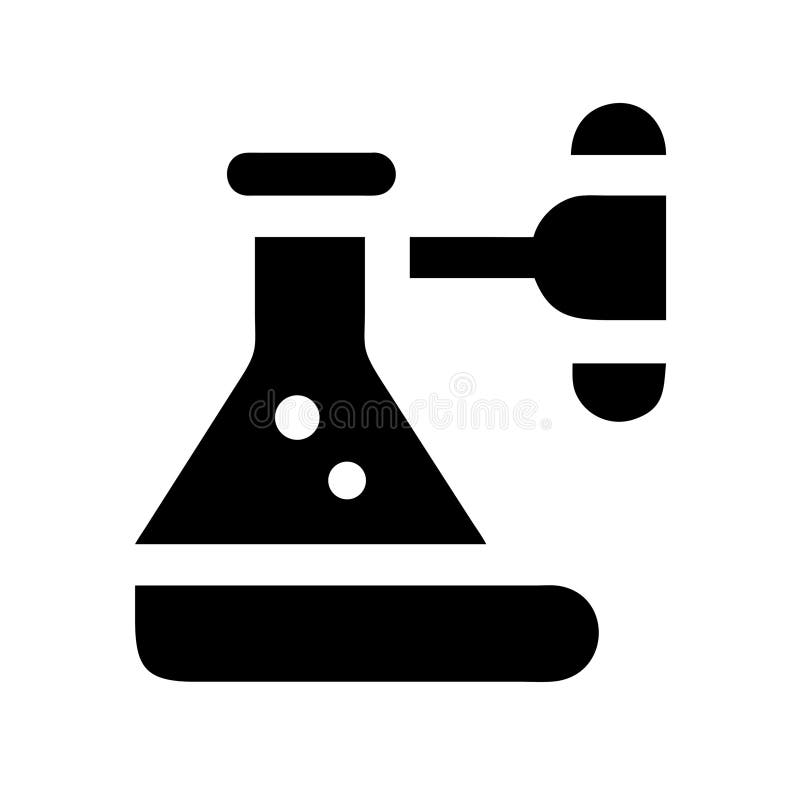 A simple black icon shows an Erlenmeyer flask, containing some bubbles, next to a burette; suitable for use in scientific or educational contexts. Erlenmeyer flask burette vectors