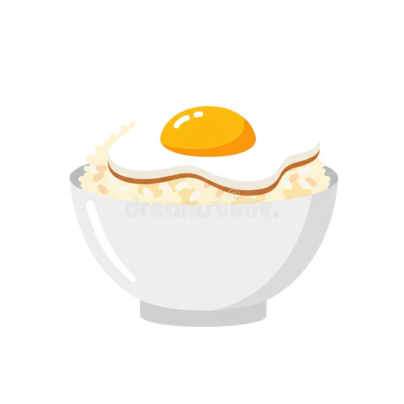 Simple Bowl of Cooked Rice Topped with a Fried Egg on a White Background stock images