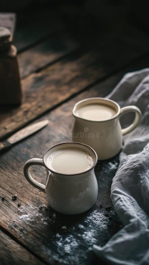 Simple breakfast setup with two cups of milk and a wooden table royalty free stock photos