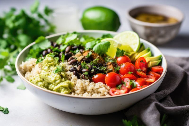 Simple Burrito Bowl with Couscous and Fresh Green Herbs Stock Photo