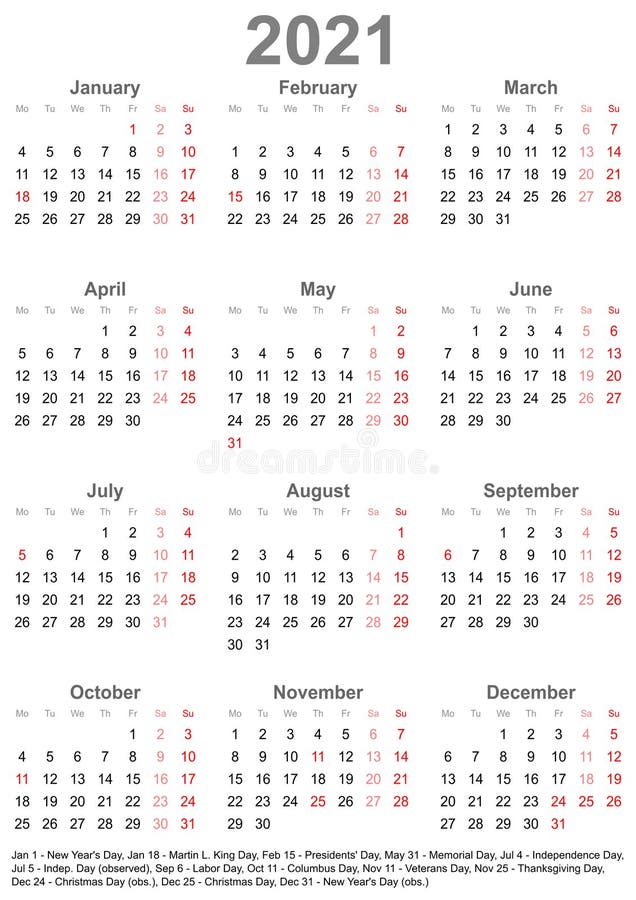Simple Calendar 2021 With Public Holidays For Usa Stock Vector Illustration Of Portrait Marking 185171958
