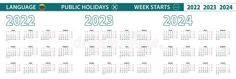 Simple Calendar Template in Lithuanian for 2022, 2023, 2024 Years. Week