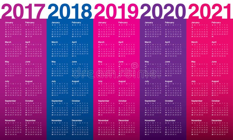Simple Calendar Template for 2017 To 2021 Stock Vector
