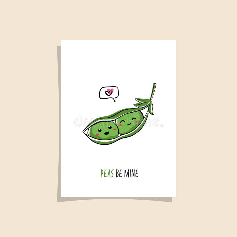Simple card design with cute veggie and phrase - Peas be mine. Kawaii drawing with peas stock illustration.