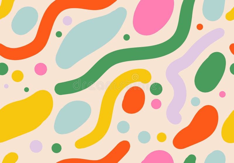 Simple childish hand drawn seamless pattern. Random colorful scribble backdrop with swirls, bundles and dots. Fun colorful royalty free illustration