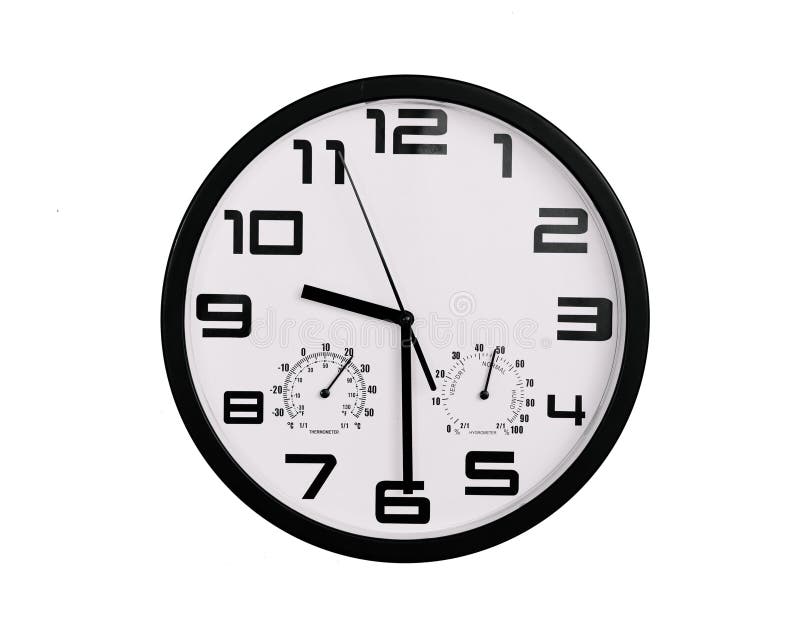 Simple classic black and white round wall clock isolated on white. Clock with arabic numerals on wall shows 9:30 , 21:30