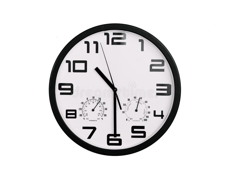 Simple classic black and white round wall clock isolated on white. Clock with arabic numerals on wall shows 10:30 , 22:30