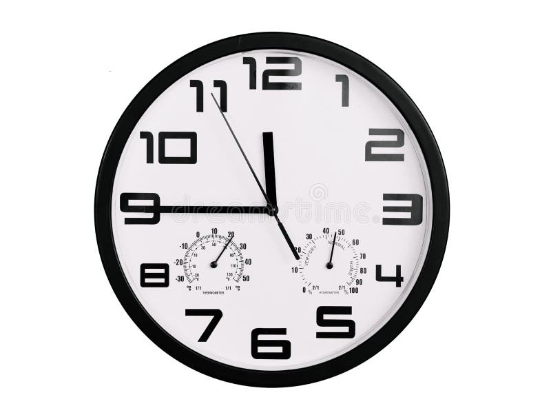 Simple Classic Black and White Round Wall Clock Isolated on White. Clock  with Arabic Numerals on Wall Shows 11:45 , 23:45 Stock Photo - Image of  object, closeup: 152808338