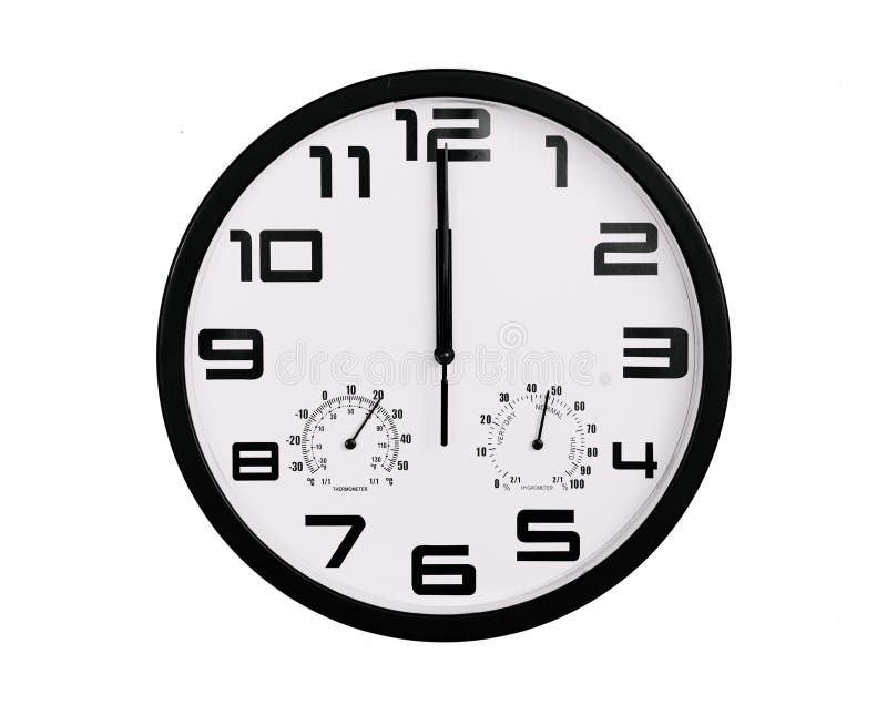 Simple classic black and white round wall clock isolated on white. Clock with arabic numerals on wall shows 12:00 , 00:00