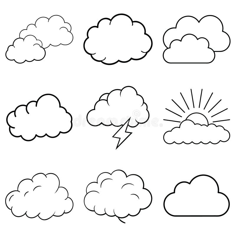 Nine simple cloud icons in line art style are arranged in a grid. The designs vary slightly, with some clouds having additional elements like a sun or lightning bolt. The clouds feature bold outlines with smooth, rounded edges. These vector illustrations convey different weather conditions, such as sunny or stormy. The icons are black on a white background, emphasizing their minimalist and clean design suitable for digital or graphic use. Additional format vector vectors
