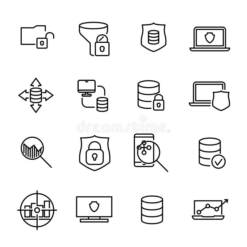 Simple collection of data protection related line icons. stock illustration