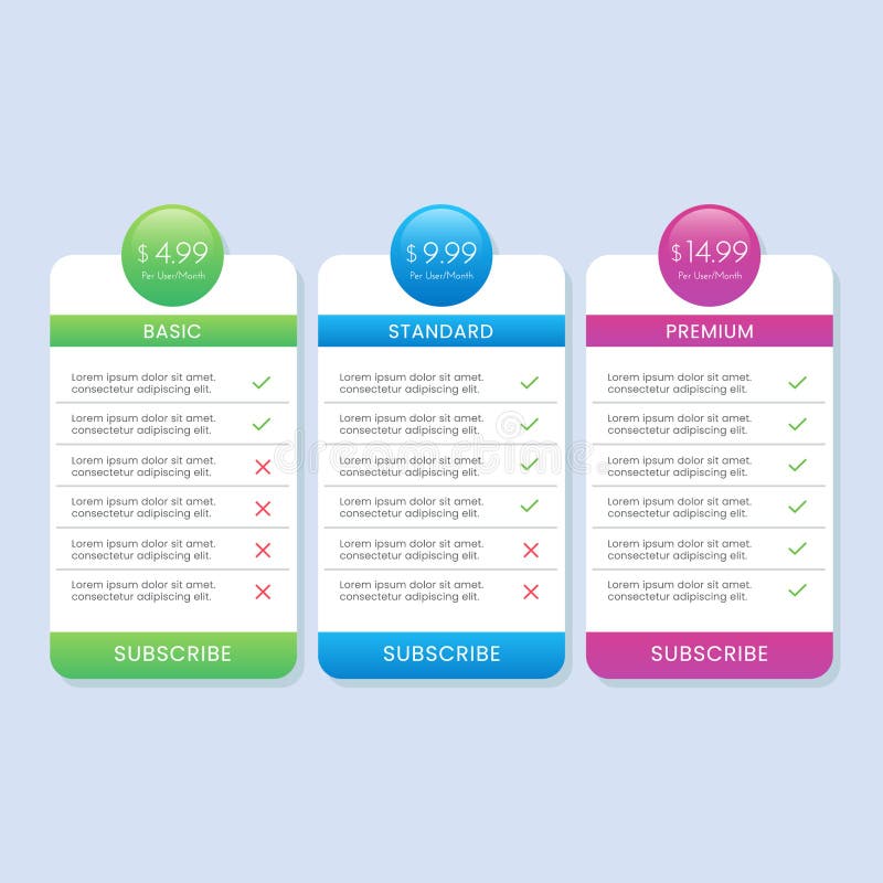 Simple colorful pricing table list for website vector stock illustration