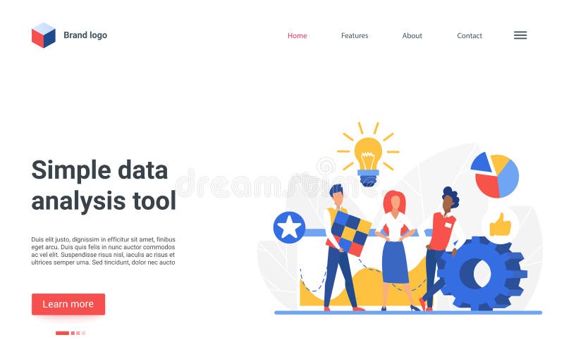 Simple data analysis tool landing page, analyst working, analyzing digital graph chart vector illustration